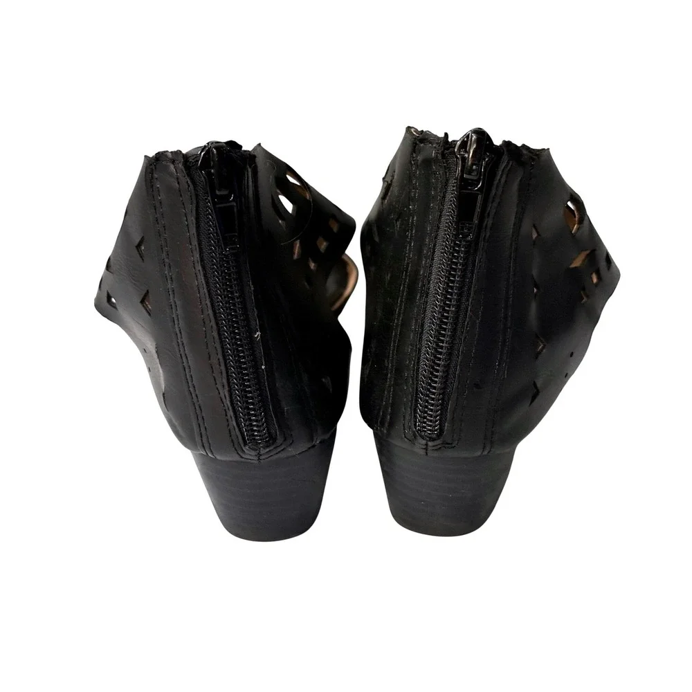 Dexflex Comfort Black Laser Cut Wedge Sandals Open Toe Back‎ Zip 7.5